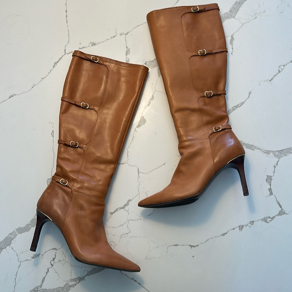 Ralph Lauren Vallerie Camel Leather Pointy Toe Boot